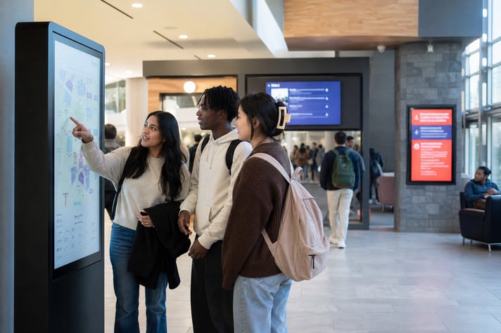 Students using interactive digital signage and wayfinding displays in a modern university commons